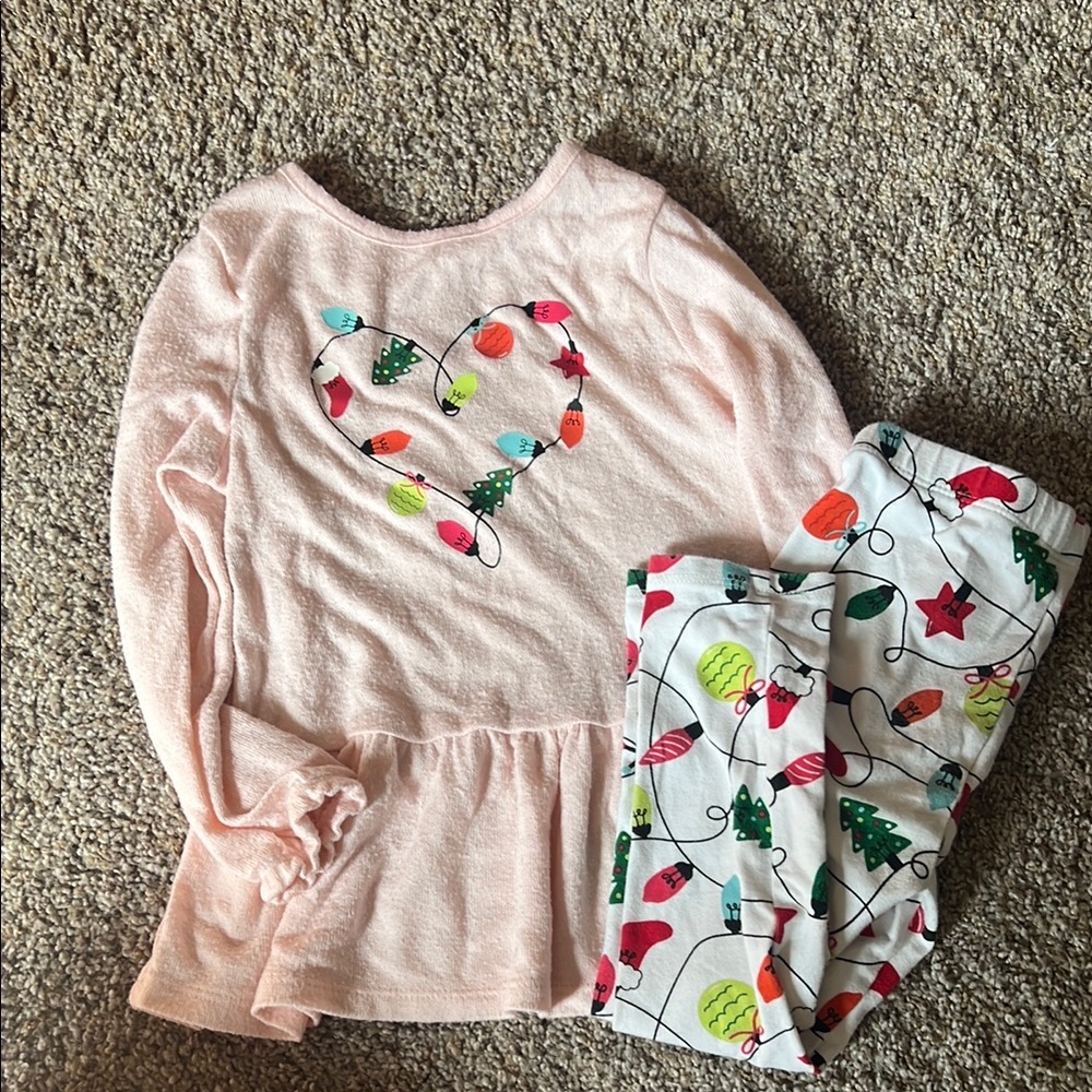 Cat & Jack Pink and White Kids Pajama Set with Heart and Holiday Print